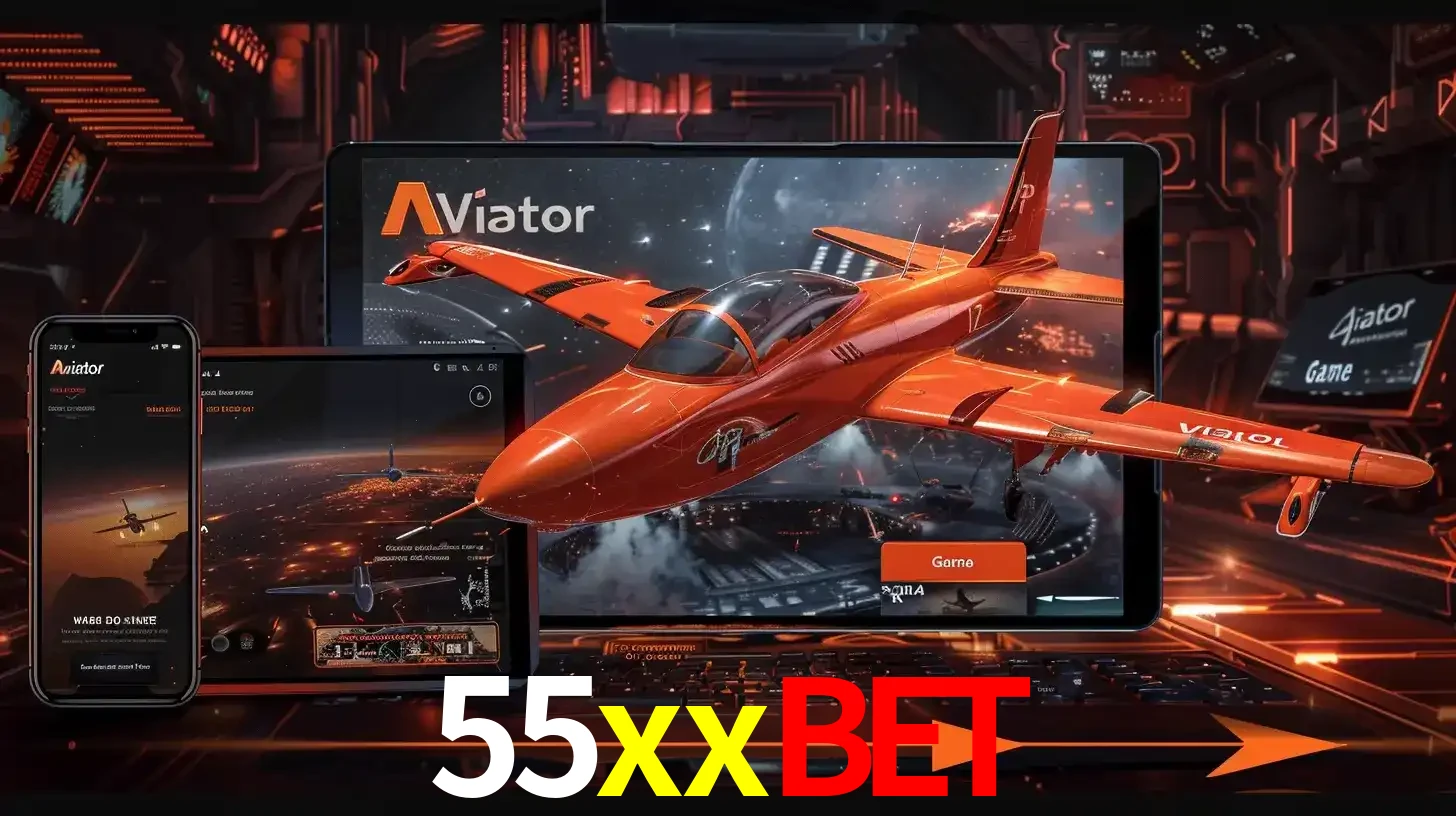 Apresentação tecnológica do jogo Aviator com um avião saindo da tela de um tablet, demonstrando a experiência imersiva em múltiplos dispositivos no 55xxbet.