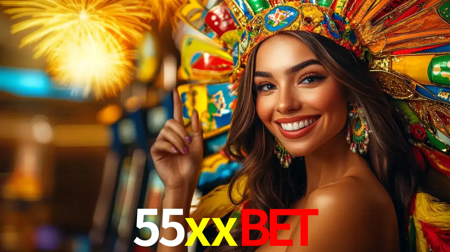 Mulher sorridente com um cocar de carnaval vibrante e colorido, celebrando uma grande vitória nos jogos do cassino 55xxbet com fogos de artifício ao fundo.