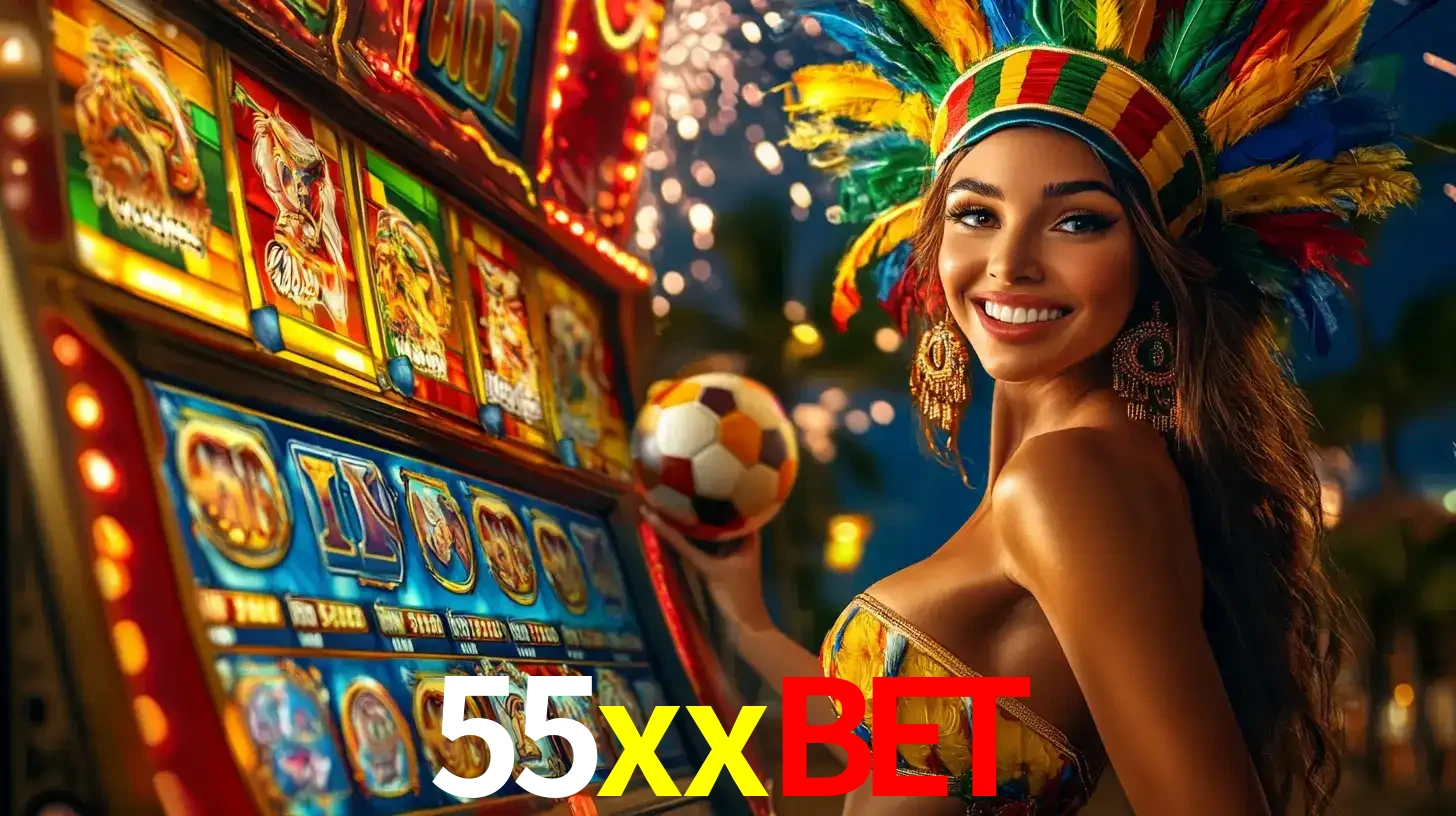 Mulher com um cocar de carnaval ao lado de uma máquina de caça-níqueis enquanto segura uma bola de futebol, mostrando a união da diversão de cassino e esportes no 55xxbet.