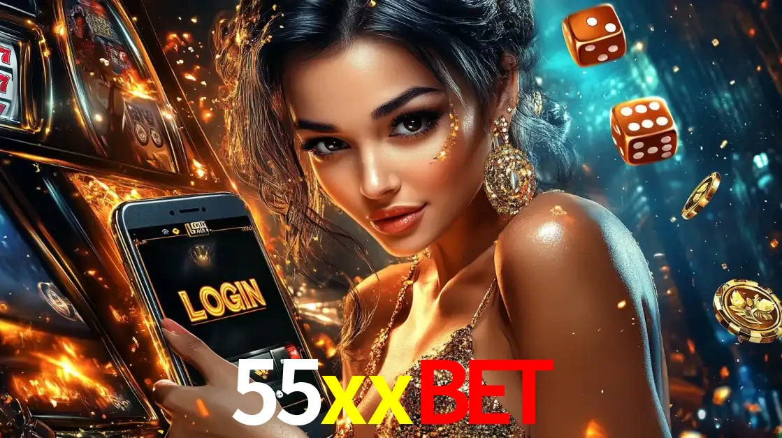 Mulher glamourosa segurando um celular com a tela de login do cassino 55xxbet, rodeada por dados e moedas douradas, pronta para começar a diversão.