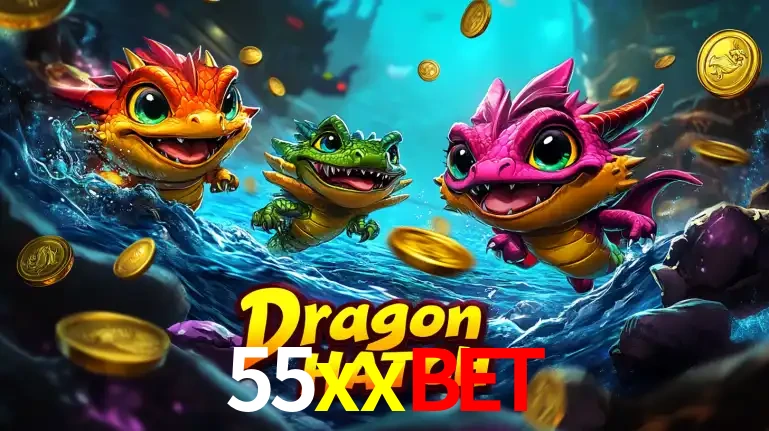 Arte promocional do jogo Dragon Hatch com três adoráveis dragões bebês nadando entre moedas de ouro, um dos slots mais divertidos para jogar no cassino 55xxbet.