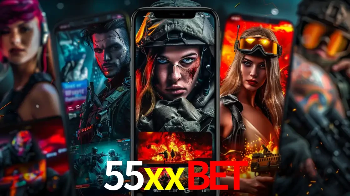 Montagem de telas de celular mostrando diversos personagens, masculinos e femininos, de um jogo de tiro, ilustrando a diversidade de equipes de e-sports para apostar no 55xxbet.