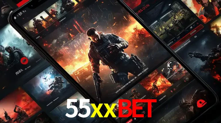 Tela de um celular exibindo uma galeria de jogos de tiro com temática militar, mostrando a variedade de e-sports disponíveis para apostas na plataforma de entretenimento 55xxbet.