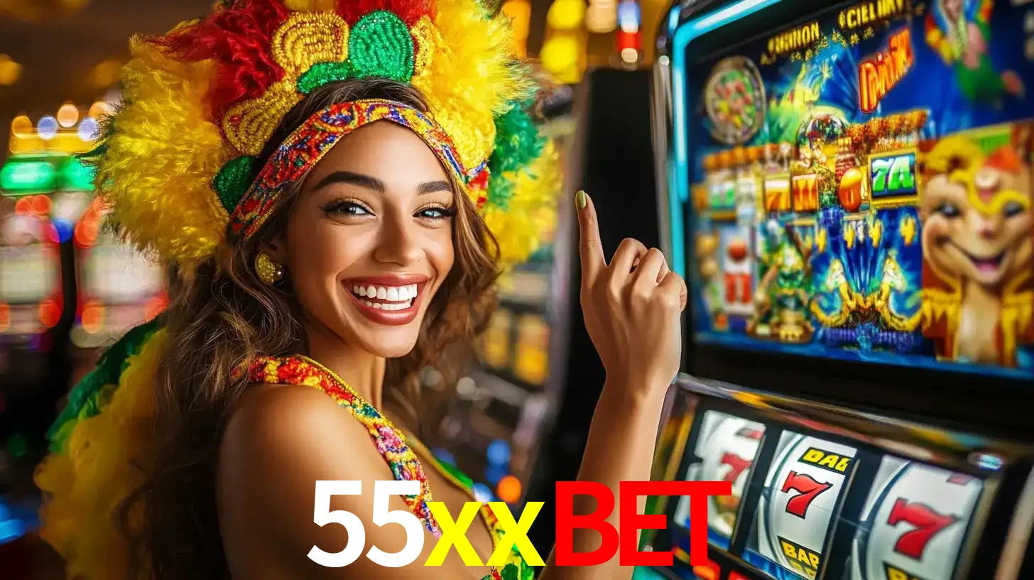 Mulher animada com um cocar de carnaval apontando para uma máquina de caça-níqueis, mostrando a emoção de ganhar um grande prêmio nos jogos do 55xxbet.