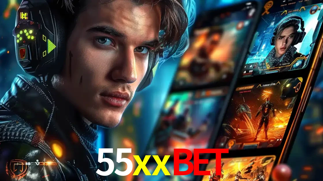 Jovem jogador com fones de ouvido olhando para a câmera, com um aplicativo de jogos e e-sports para celular ao fundo, pronto para a competição e apostas no 55xxbet.
