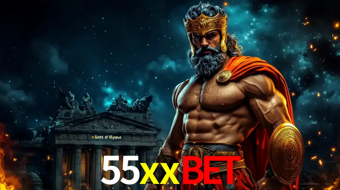O poderoso Zeus do jogo de slot Gates of Olympus em frente ao seu templo, pronto para lançar multiplicadores divinos e prêmios épicos no cassino online 55xxbet.