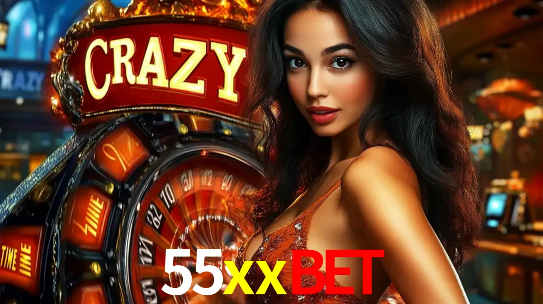 Mulher glamourosa olhando para a câmera com a roda vermelha do Crazy Time ao fundo em um ambiente de cassino, destacando a emoção dos jogos ao vivo no 55xxbet.