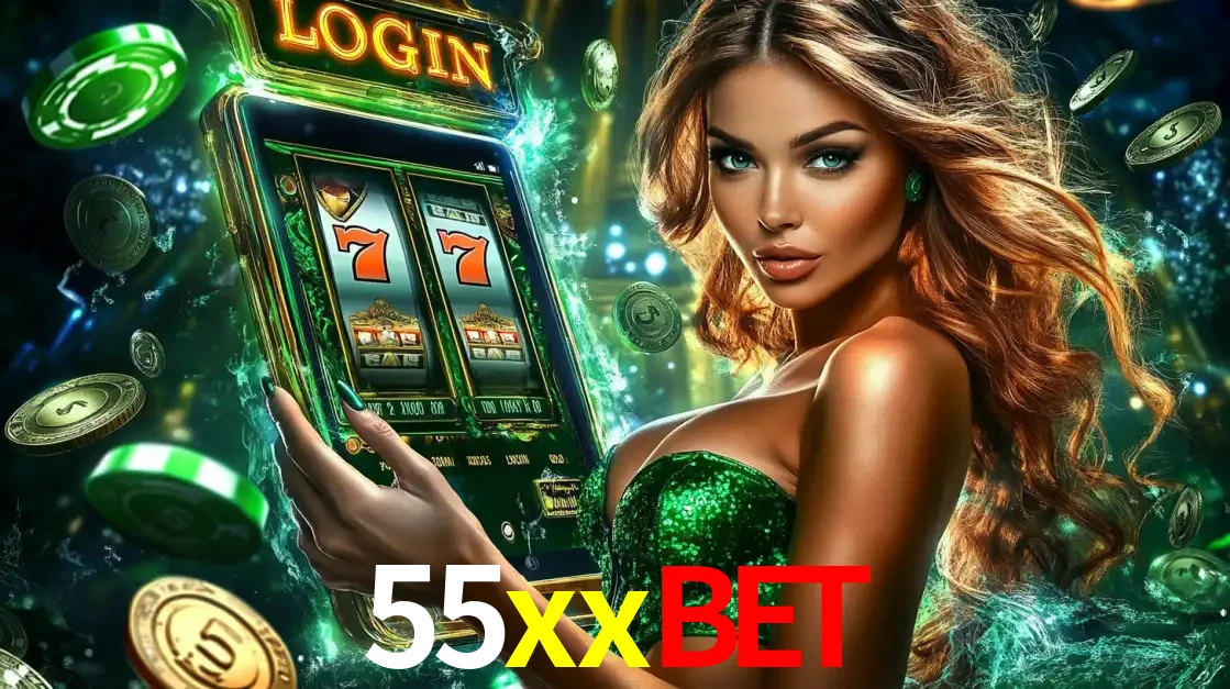 Mulher com tema verde apresentando o aplicativo do cassino 55xxbet com um jogo de slot de 777, cercada por fichas de cassino e uma aura de sorte.