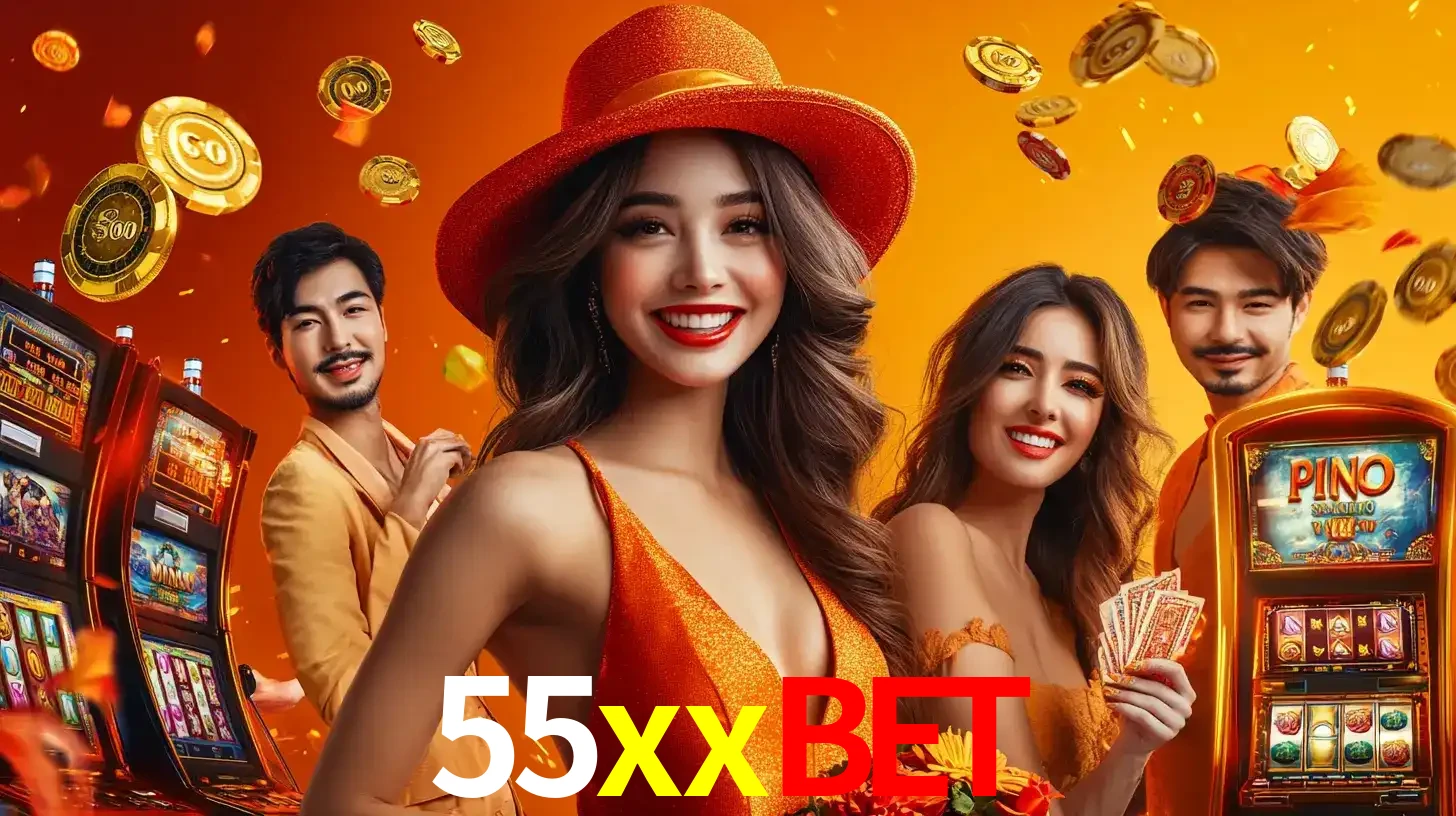 Grupo de amigos asiáticos sorrindo e se divertindo com máquinas de caça-níqueis em um ambiente festivo, celebrando suas vitórias nos jogos de cassino do 55xxbet.