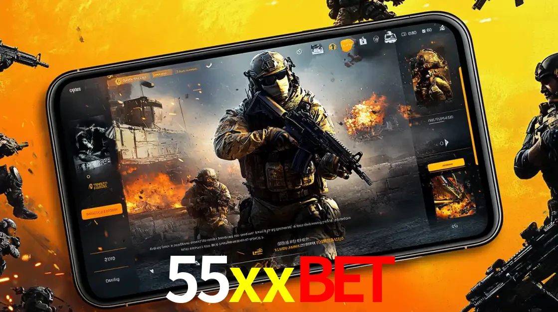Um smartphone exibindo a interface de um jogo de tiro em primeira pessoa, com um soldado em um cenário de batalha, representando a ação dos e-sports para apostar no 55xxbet.