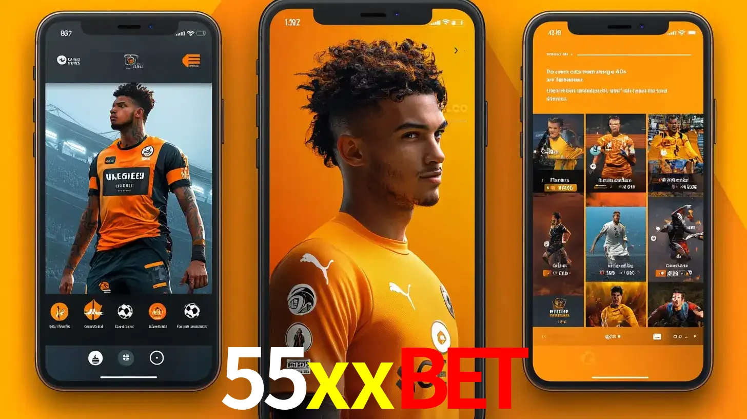 Interface do aplicativo de apostas esportivas 55xxbet em três telas de celular, mostrando o perfil de um jogador de futebol e a lista de jogos disponíveis para apostar.