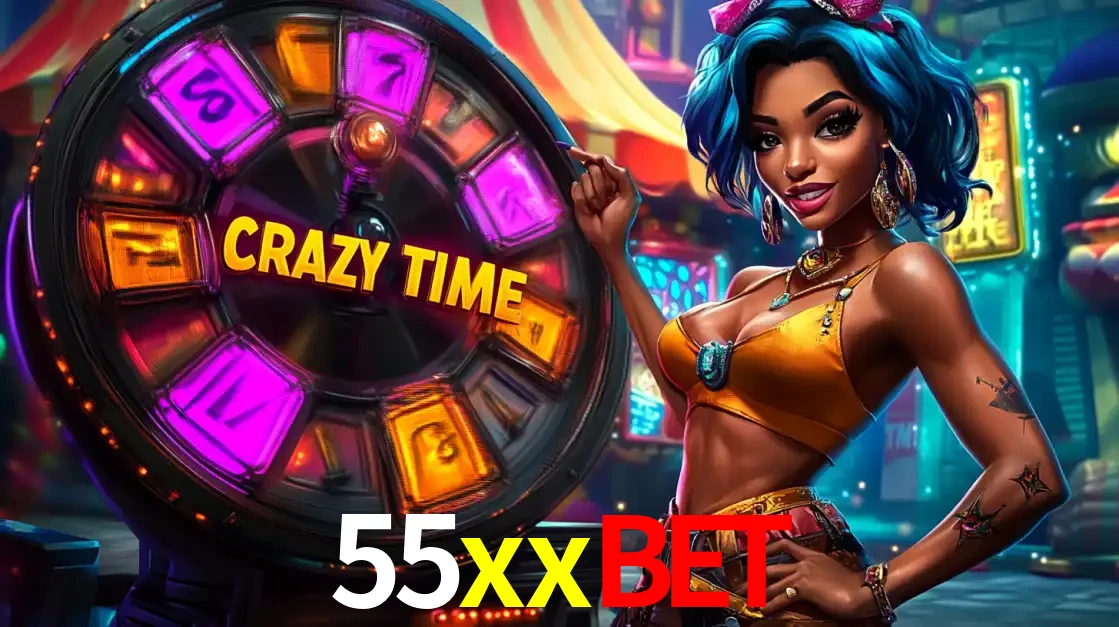 Mulher estilizada com cabelo azul e visual vibrante posando ao lado da roda de prêmios do game show Crazy Time, convidando para a diversão e os bônus do cassino 55xxbet.