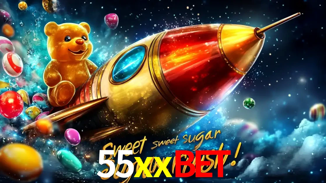 Arte promocional do jogo de slot Sugar Rush, com um urso de pelúcia em um foguete viajando pelo espaço de doces, um dos jogos divertidos disponíveis no cassino 55xxbet.