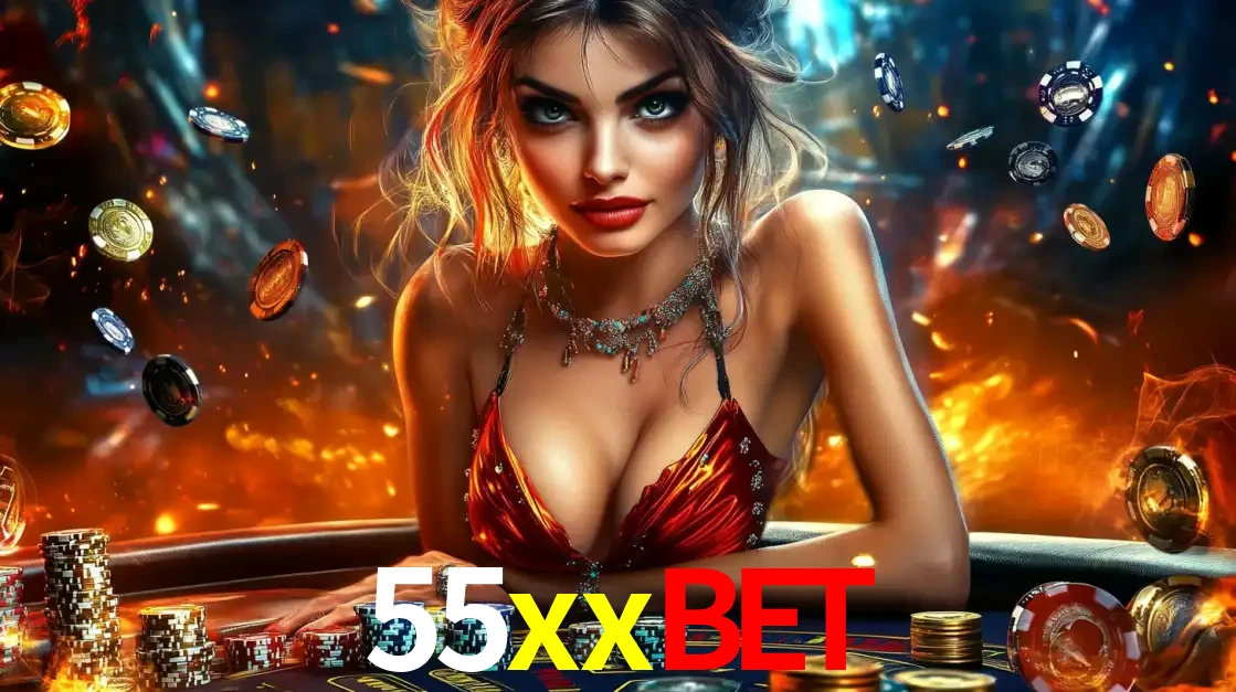 Mulher em uma mesa de cassino com pilhas de fichas e um fundo de fogo, pronta para uma rodada de altas apostas nos jogos de mesa emocionantes do cassino 55xxbet.