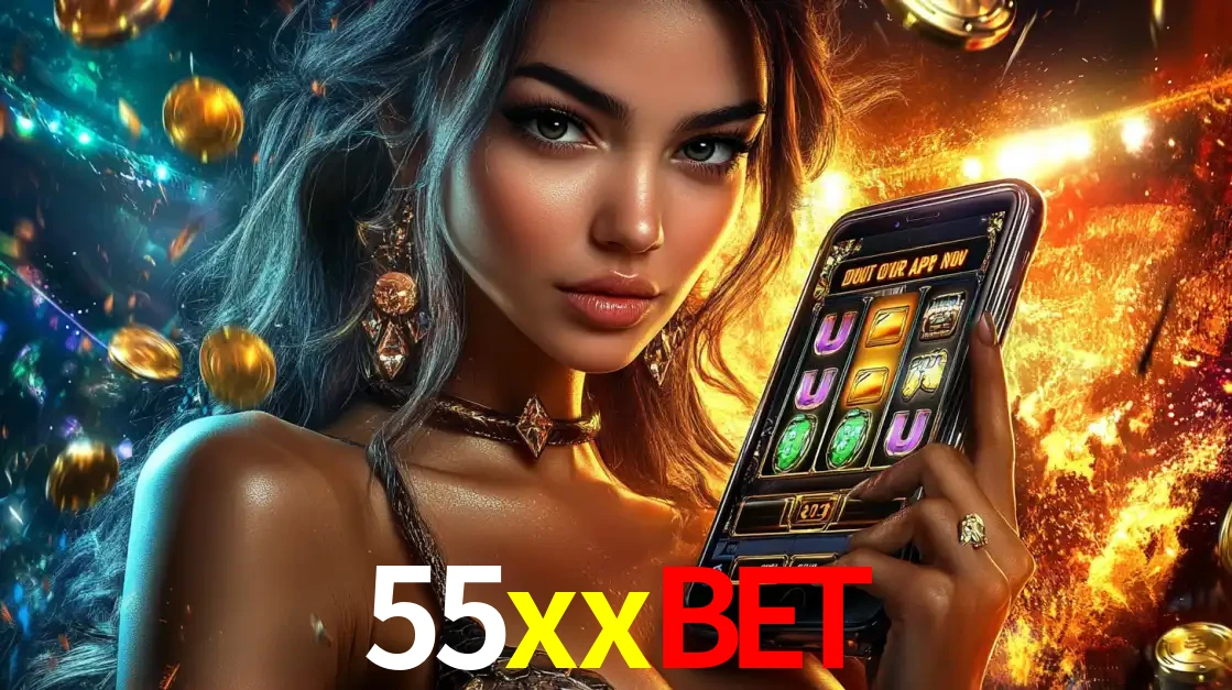 Mulher elegante mostrando um jogo de caça-níqueis em seu smartphone, destacando a experiência de cassino móvel oferecida pelo aplicativo 55xxbet.