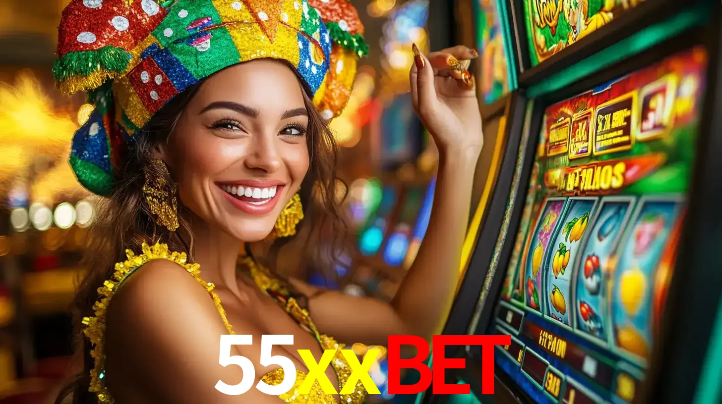 Mulher feliz com traje de carnaval amarelo e colorido ao lado de uma máquina de caça-níqueis, aproveitando a diversão e os jogos temáticos do cassino 55xxbet.