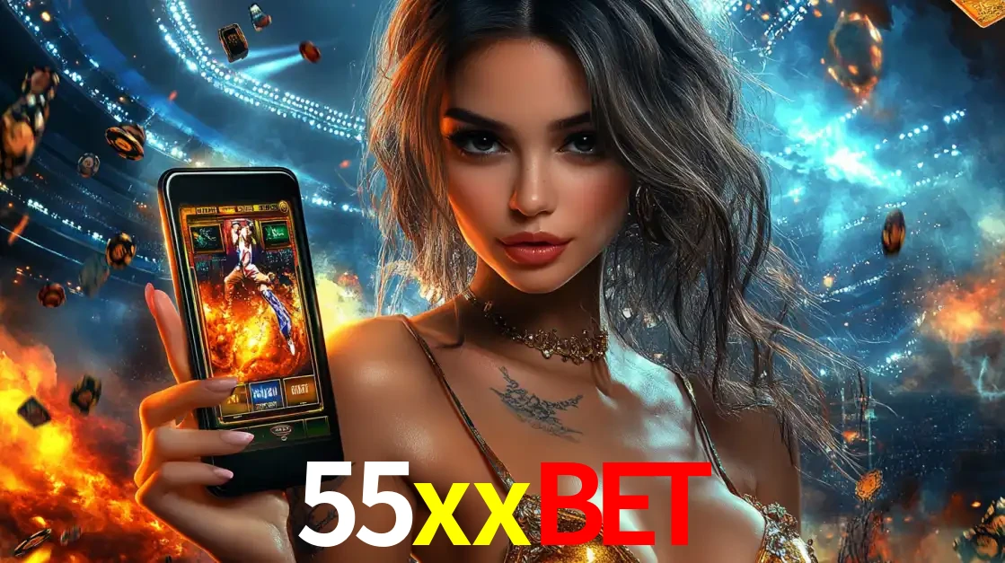 Mulher segurando um celular com um jogo de slot em destaque, tendo como fundo um estádio vibrante, simbolizando a emoção de jogar no cassino móvel 55xxbet.