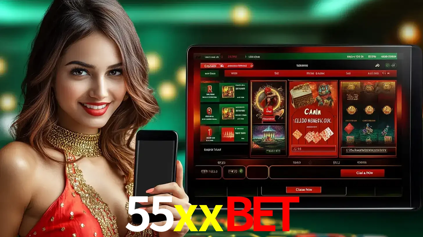 Mulher sorridente segurando um smartphone, ao lado de uma tela exibindo o lobby de jogos do cassino online 55xxbet, com várias opções de jogos de cartas e slots.